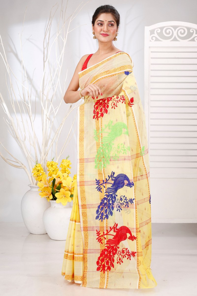 Yellow Pure Cotton Embi Debdash Moyur Tant Embroidery (1462)