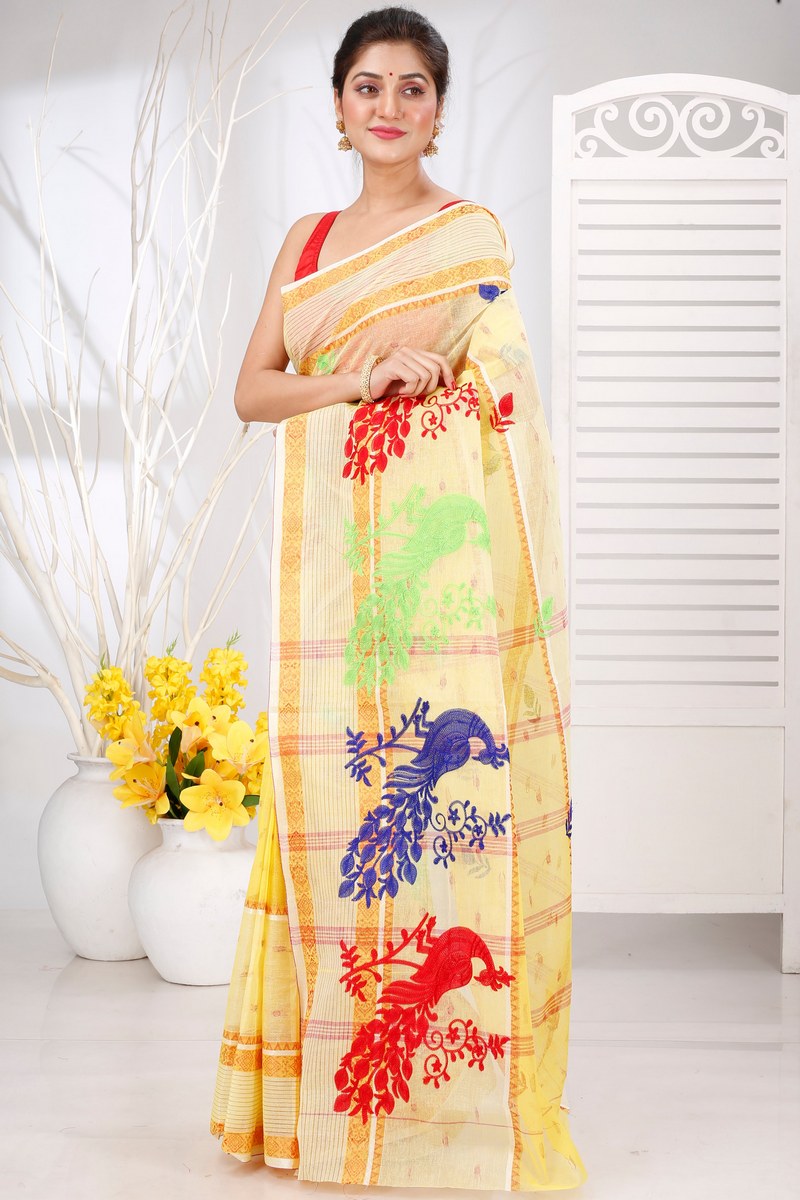 Yellow Pure Cotton Embi Debdash Moyur Tant Embroidery (1462)
