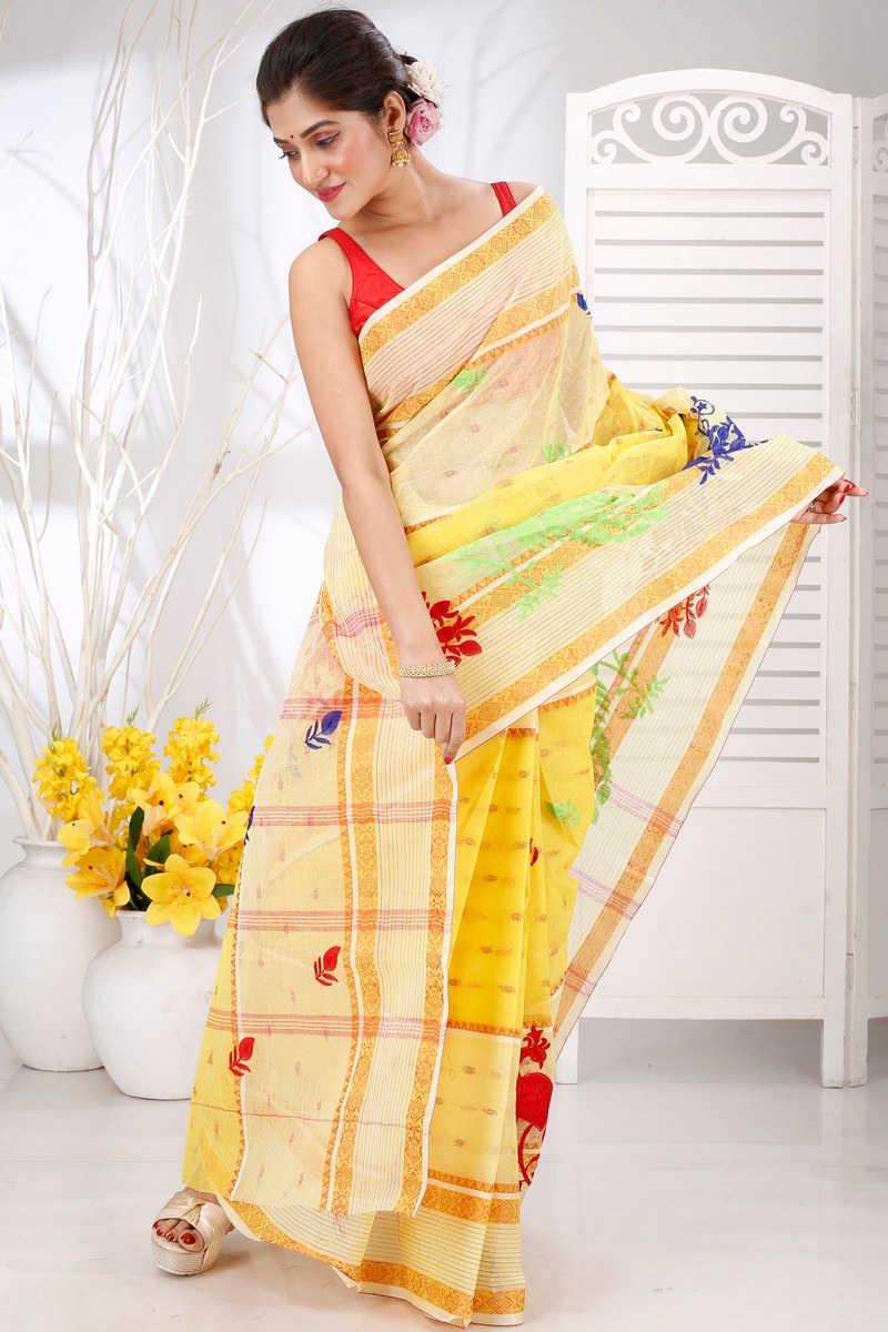 Yellow Pure Cotton Embi Debdash Moyur Tant Embroidery (1462)