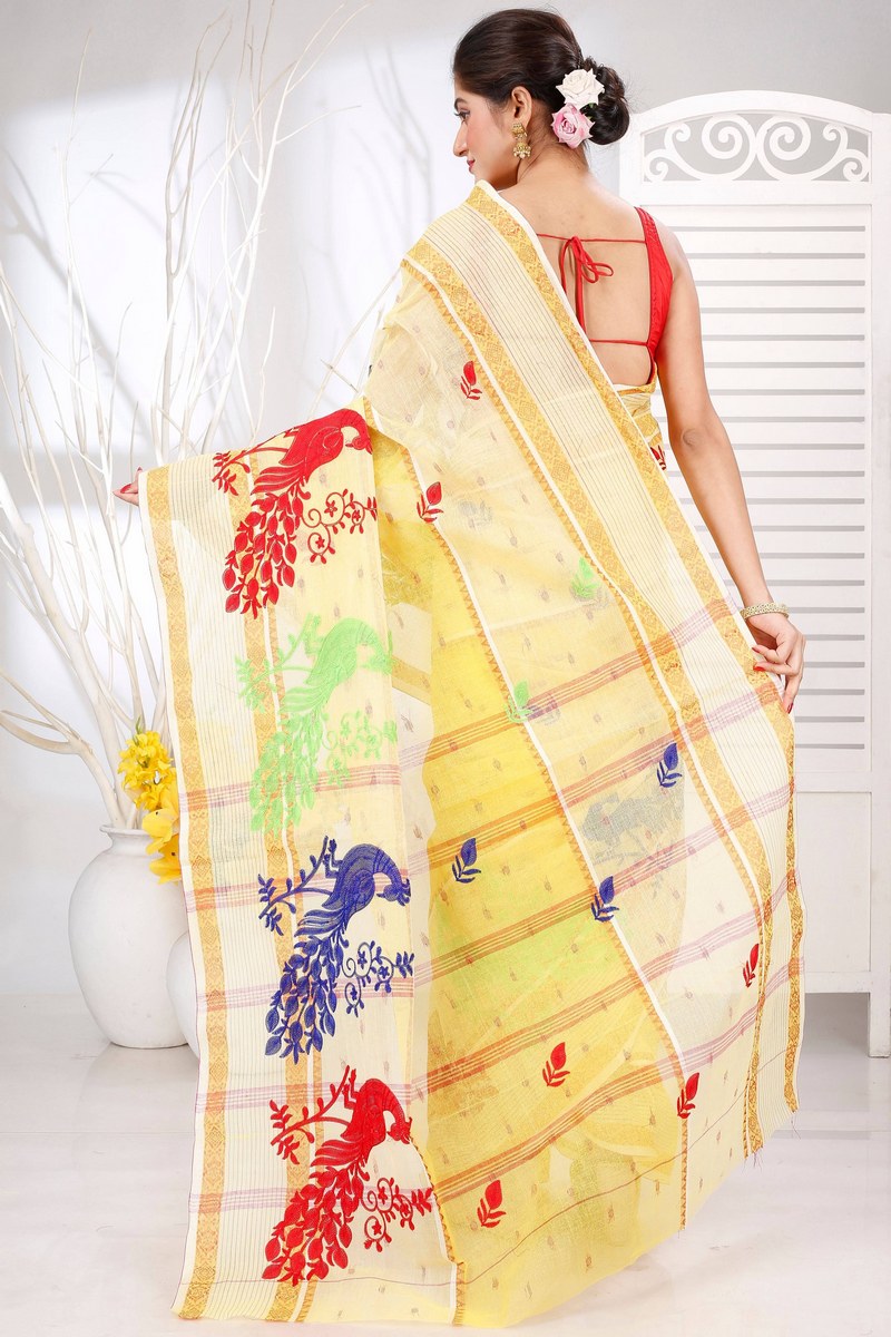 Yellow Pure Cotton Embi Debdash Moyur Tant Embroidery (1462)