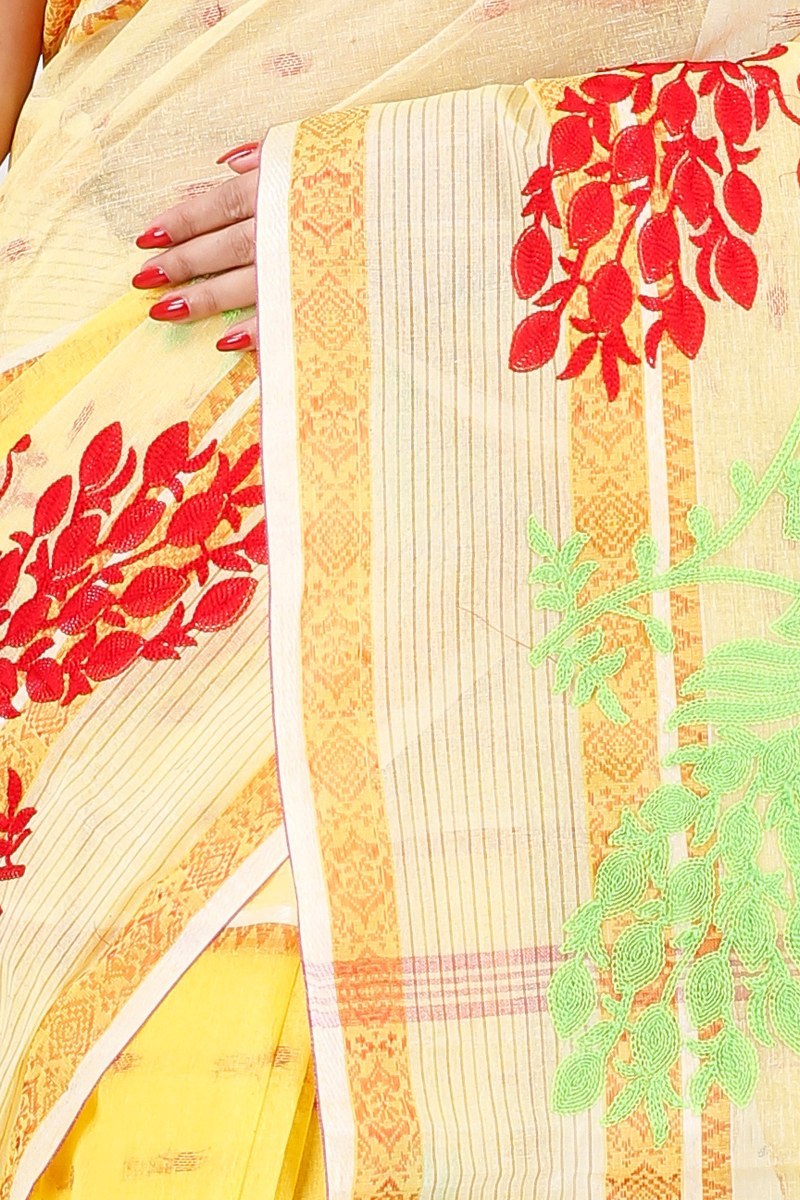 Yellow Pure Cotton Embi Debdash Moyur Tant Embroidery (1462)