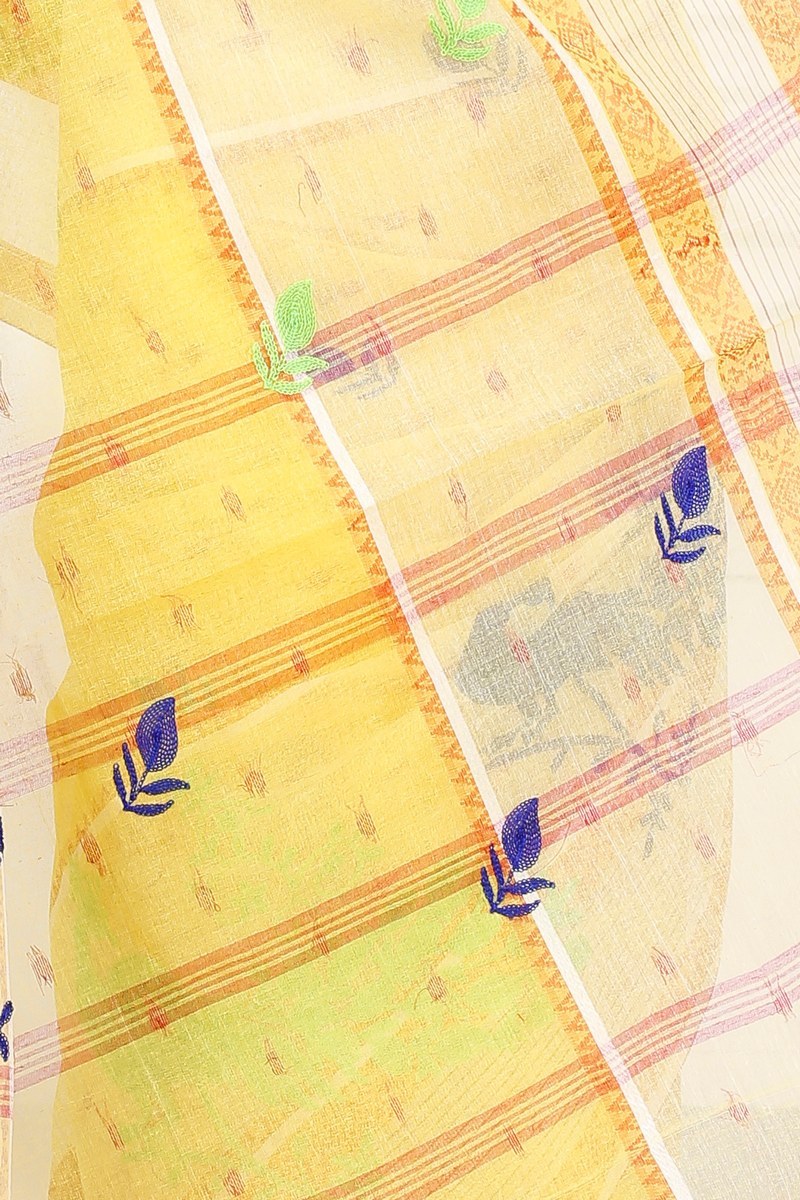 Yellow Pure Cotton Embi Debdash Moyur Tant Embroidery (1462)