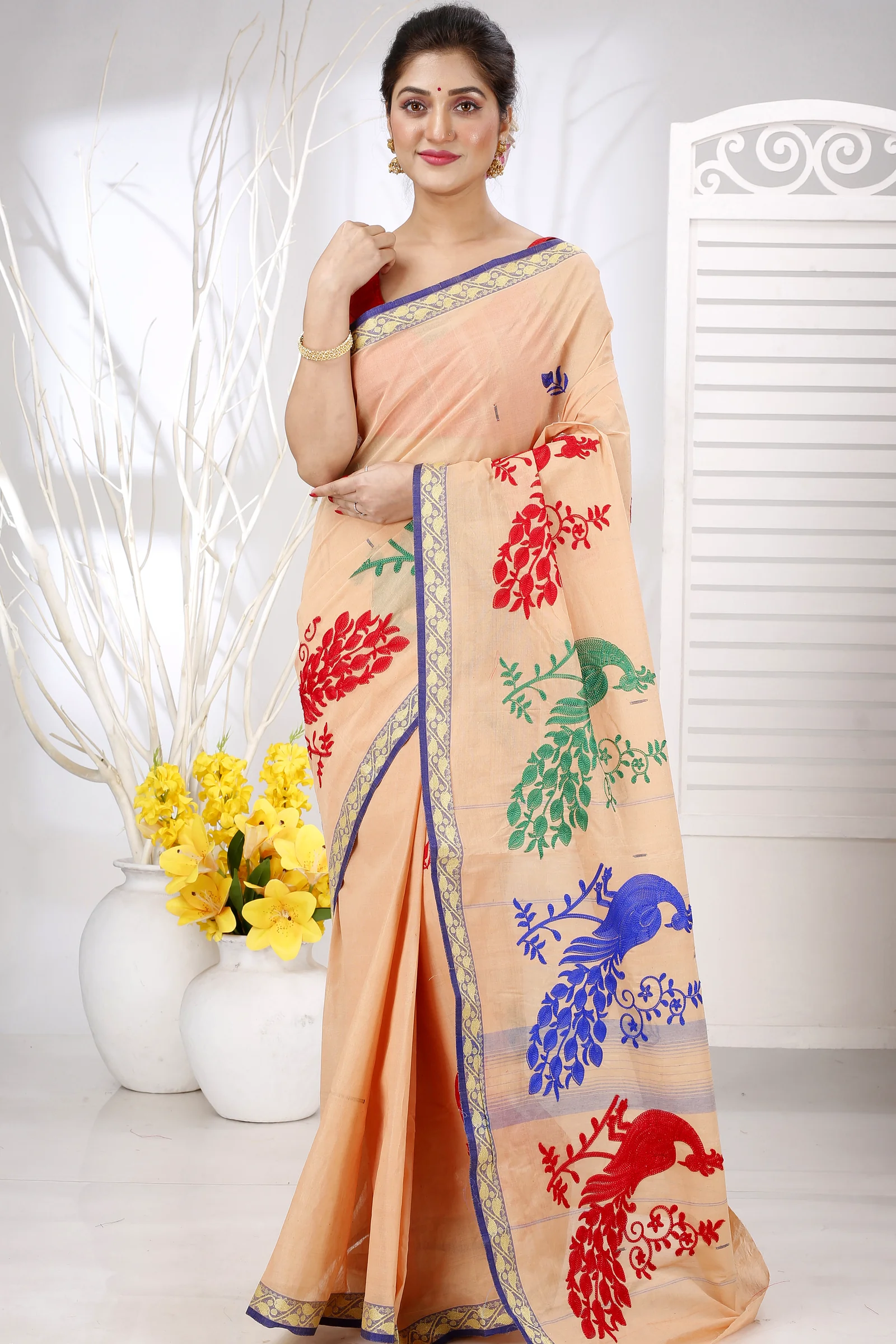 Dark Cream Pure Cotton Embi Gaela Moyur Tant Embroidery (1463)