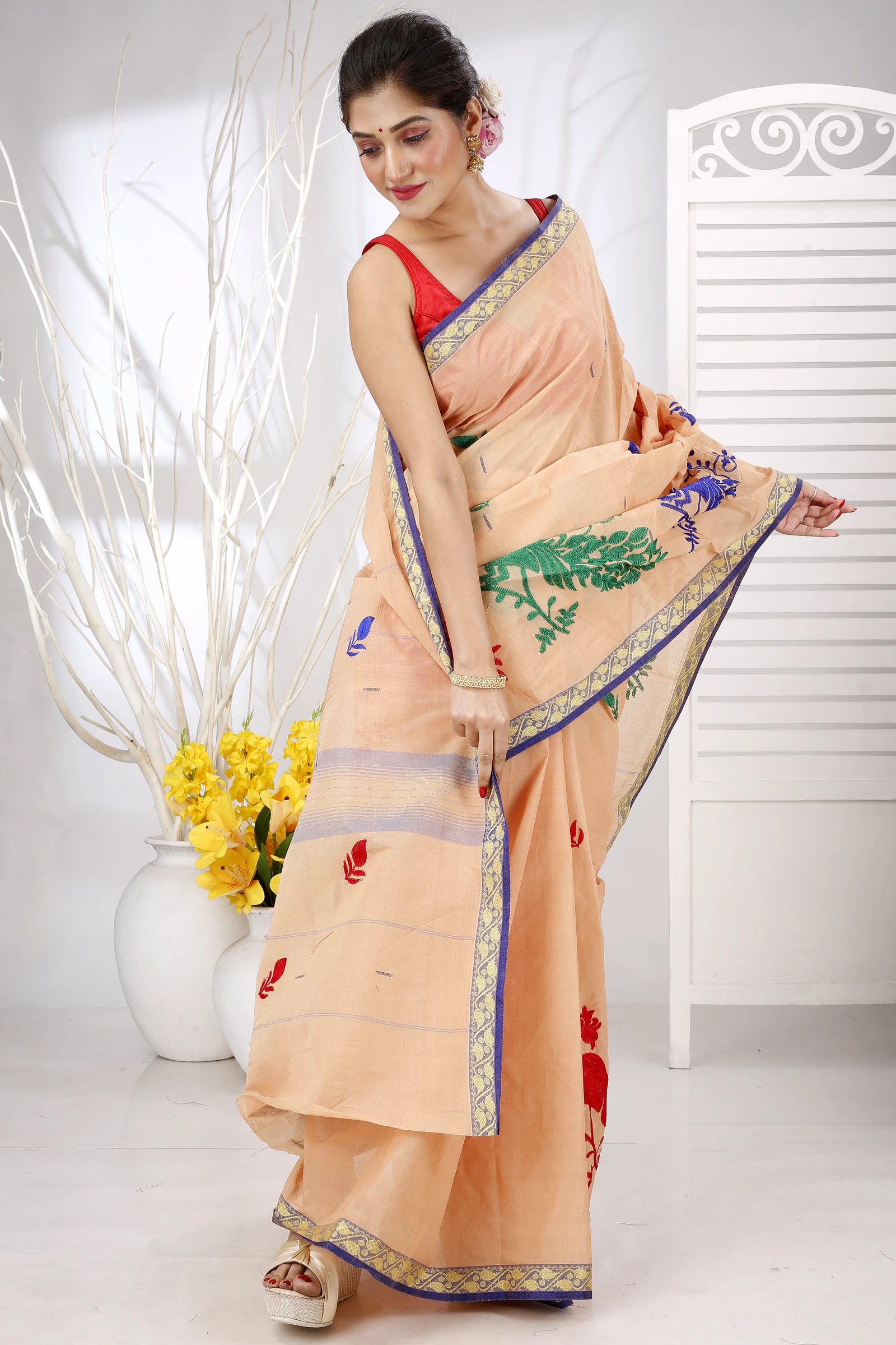 Dark Cream Pure Cotton Embi Gaela Moyur Tant Embroidery (1463)