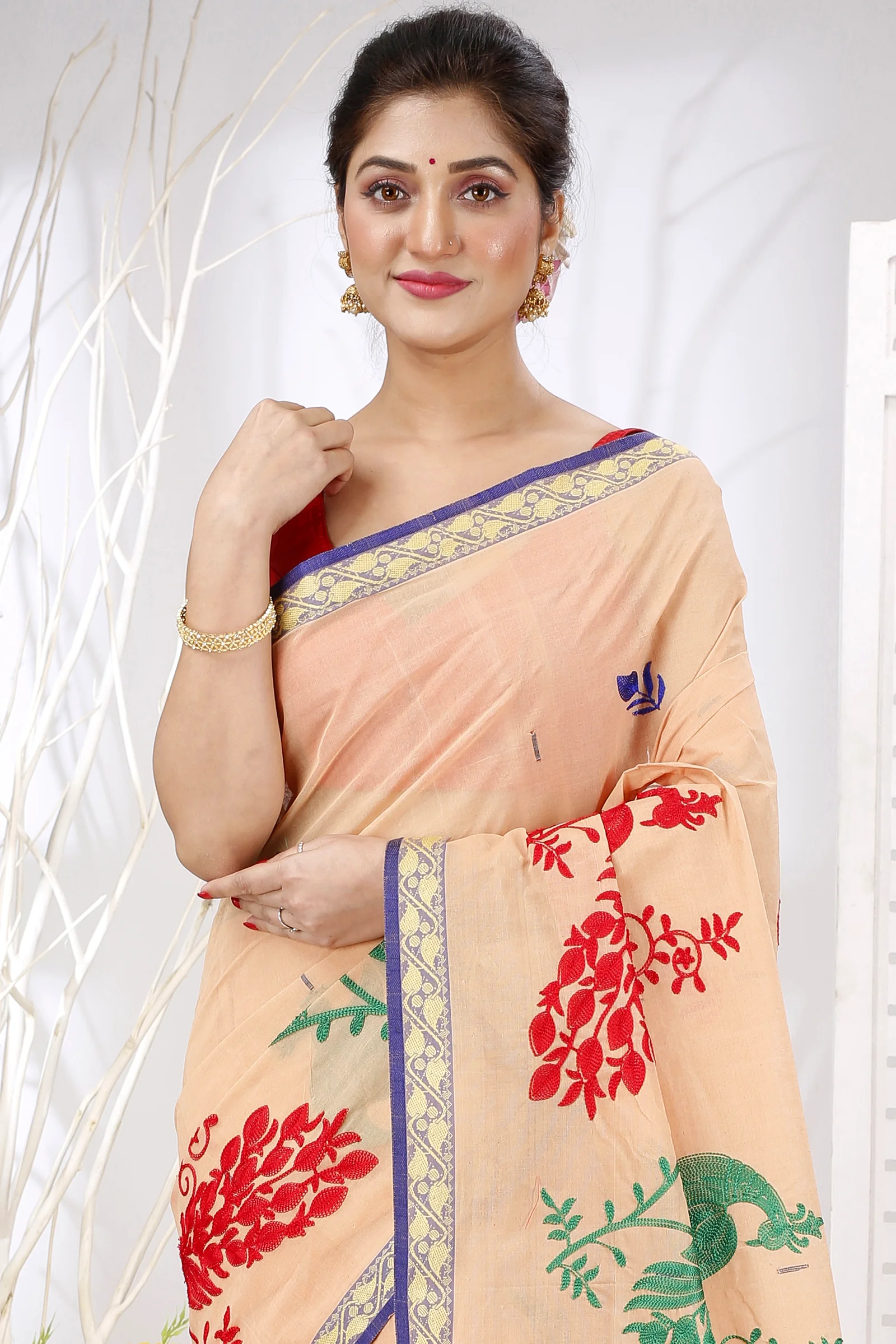 Dark Cream Pure Cotton Embi Gaela Moyur Tant Embroidery (1463)