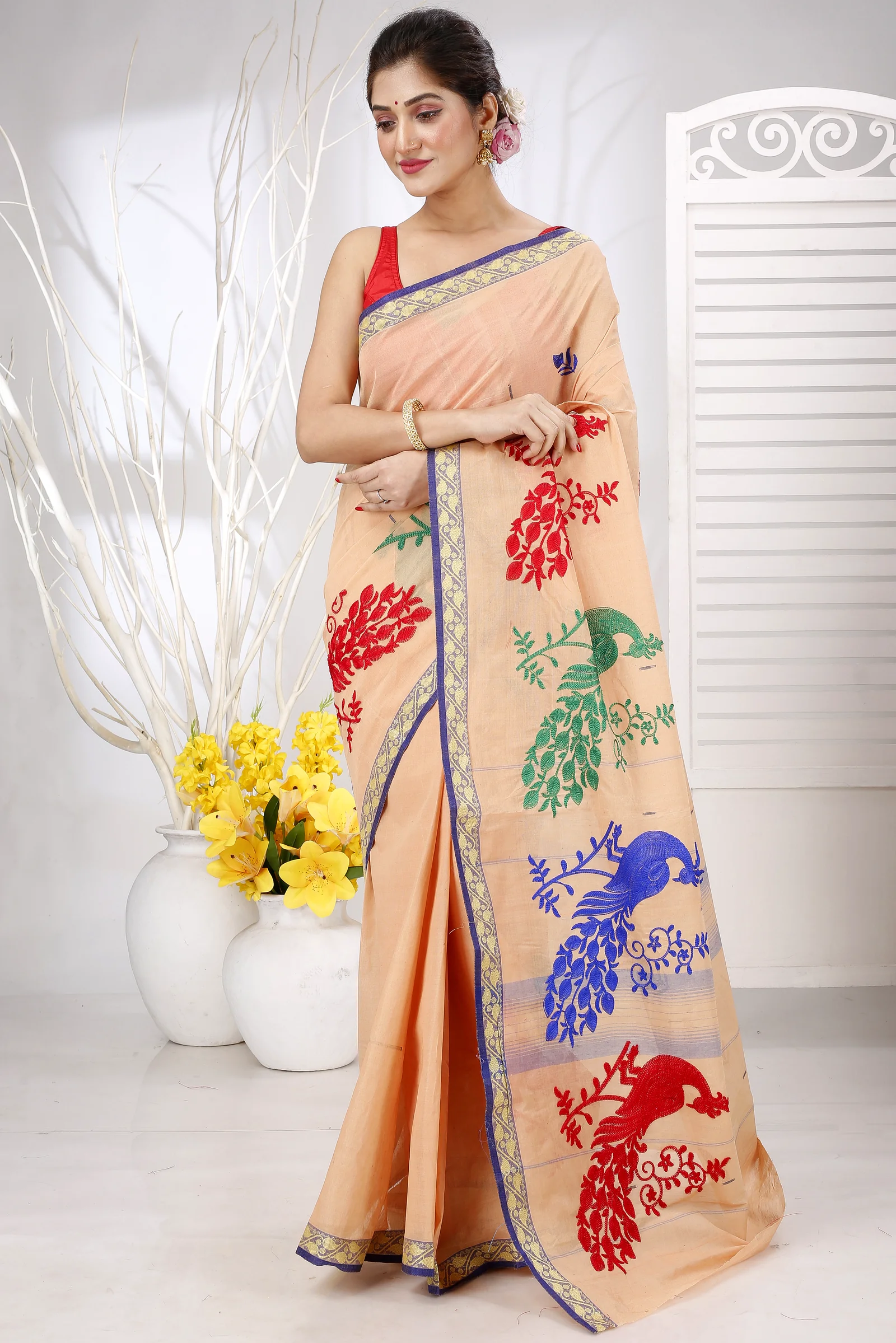 Dark Cream Pure Cotton Embi Gaela Moyur Tant Embroidery (1463)