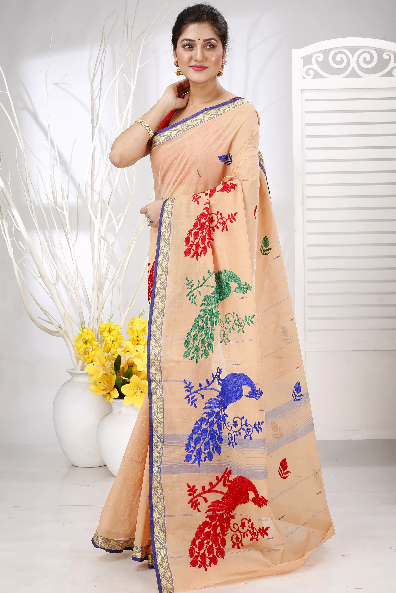 Dark Cream Pure Cotton Embi Gaela Moyur Tant Embroidery (1463)