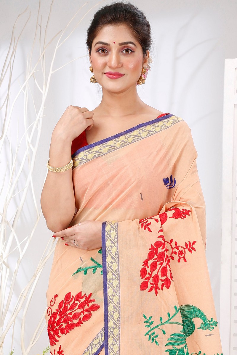 Dark Cream Pure Cotton Embi Gaela Moyur Tant Embroidery (1463)