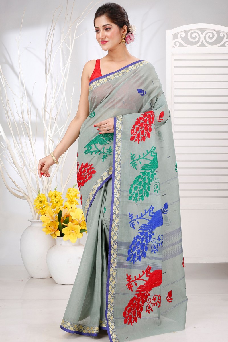 Light Grey Pure Cotton Embi Gaela Moyur Tant Embroidery (1464)