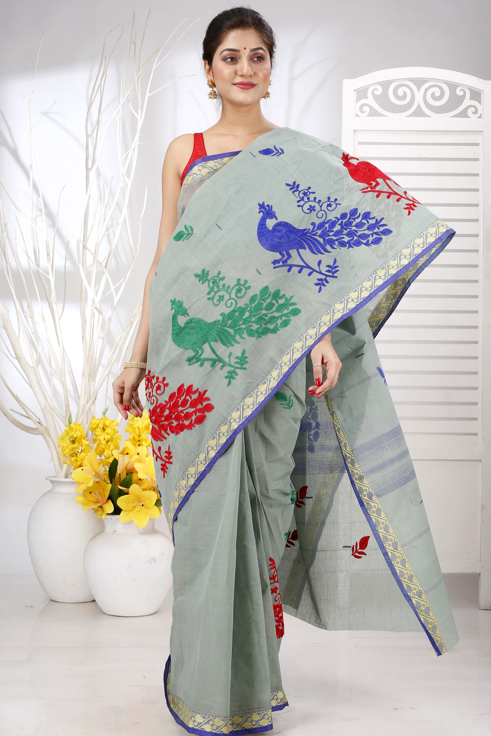 Light Grey Pure Cotton Embi Gaela Moyur Tant Embroidery (1464)