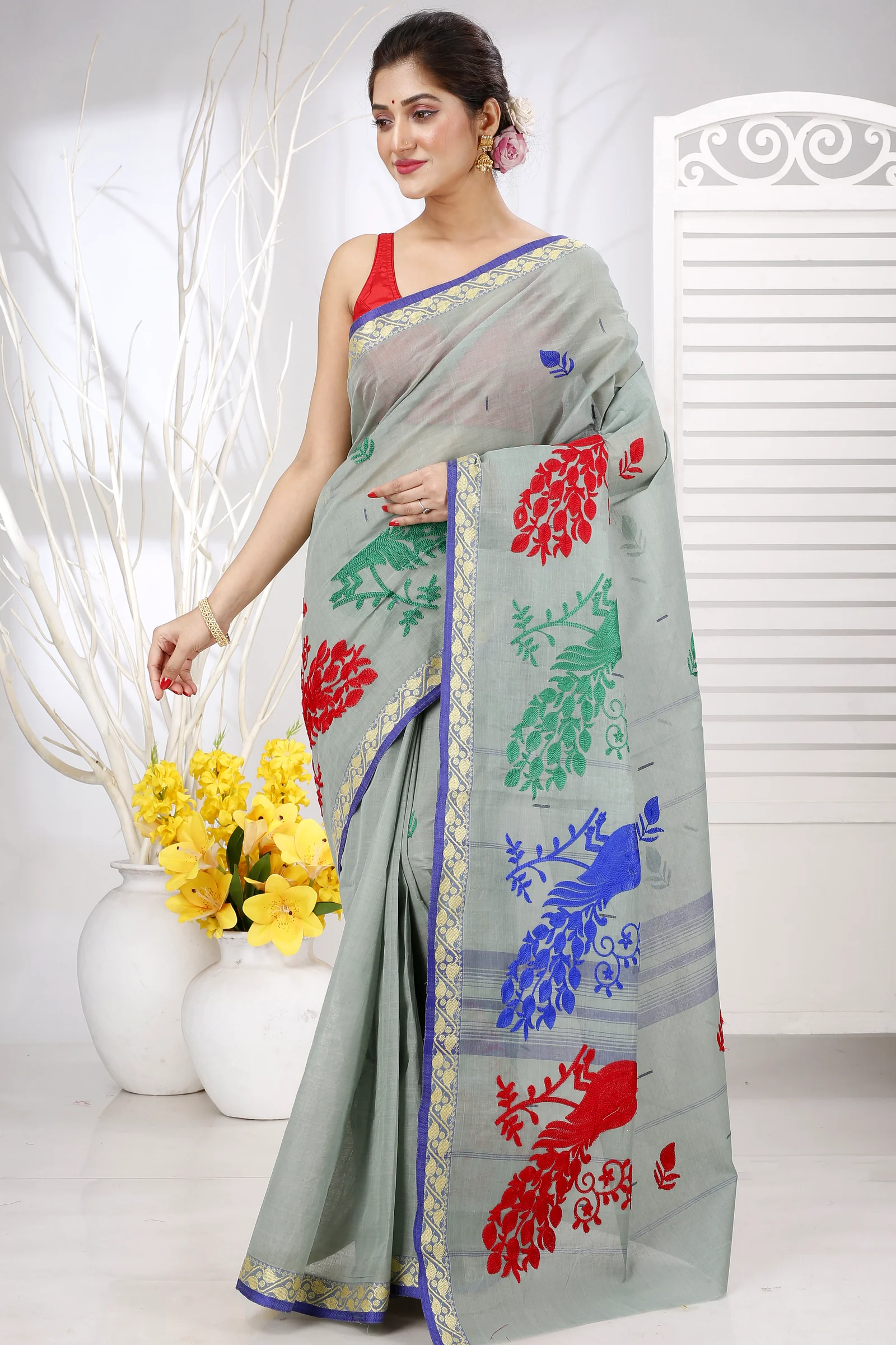 Light Grey Pure Cotton Embi Gaela Moyur Tant Embroidery (1464)