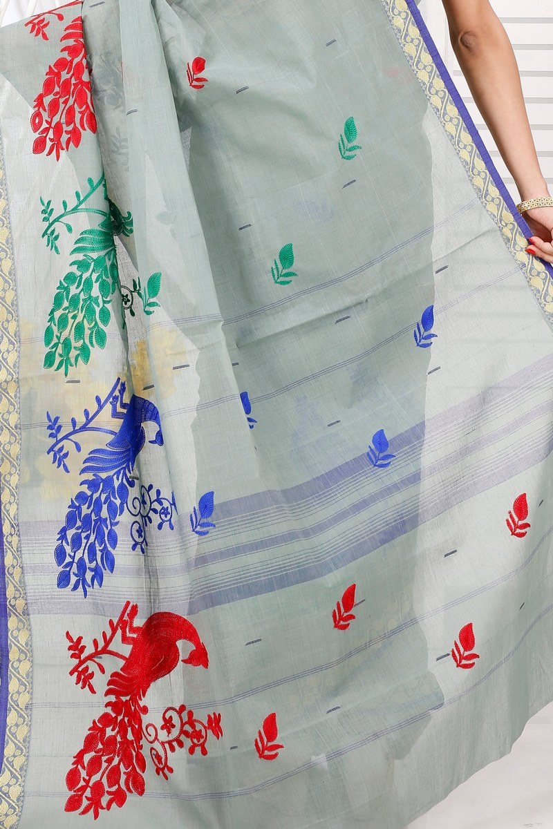 Light Grey Pure Cotton Embi Gaela Moyur Tant Embroidery (1464)