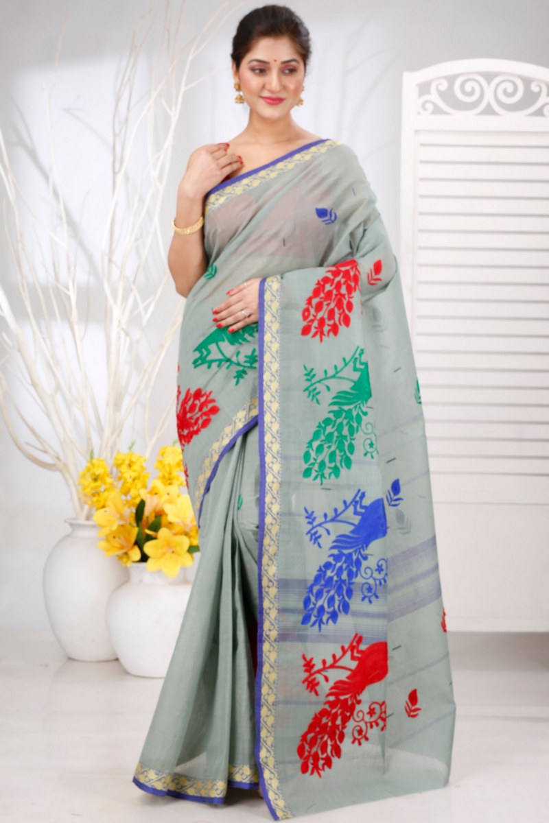 Light Grey Pure Cotton Embi Gaela Moyur Tant Embroidery (1464)