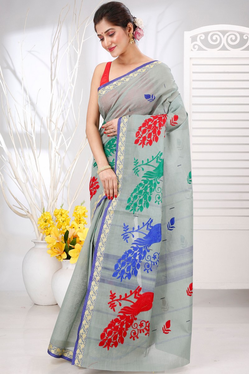 Light Grey Pure Cotton Embi Gaela Moyur Tant Embroidery (1464)