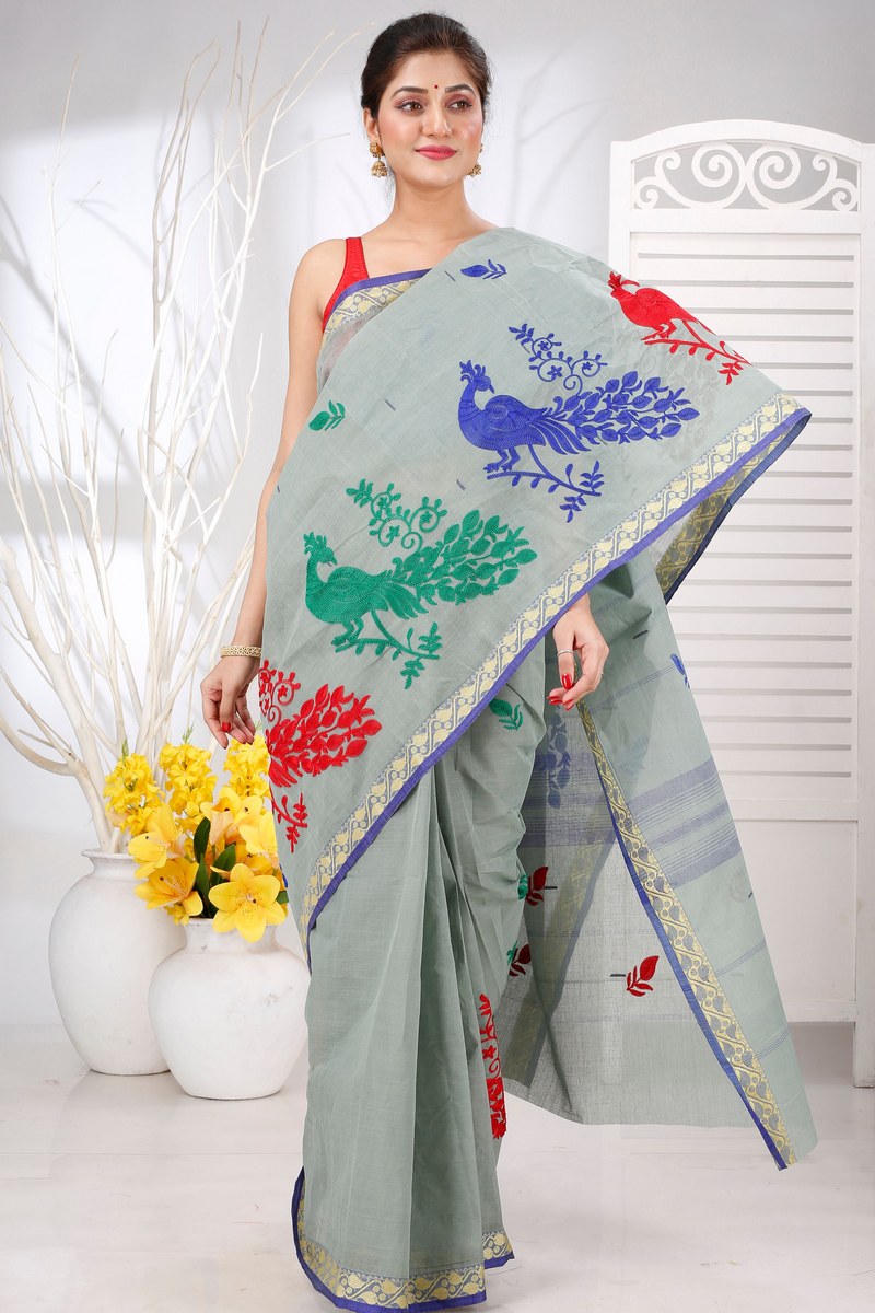 Light Grey Pure Cotton Embi Gaela Moyur Tant Embroidery (1464)