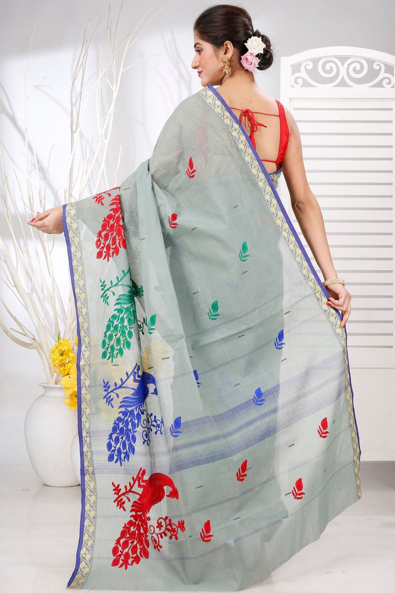 Light Grey Pure Cotton Embi Gaela Moyur Tant Embroidery (1464)