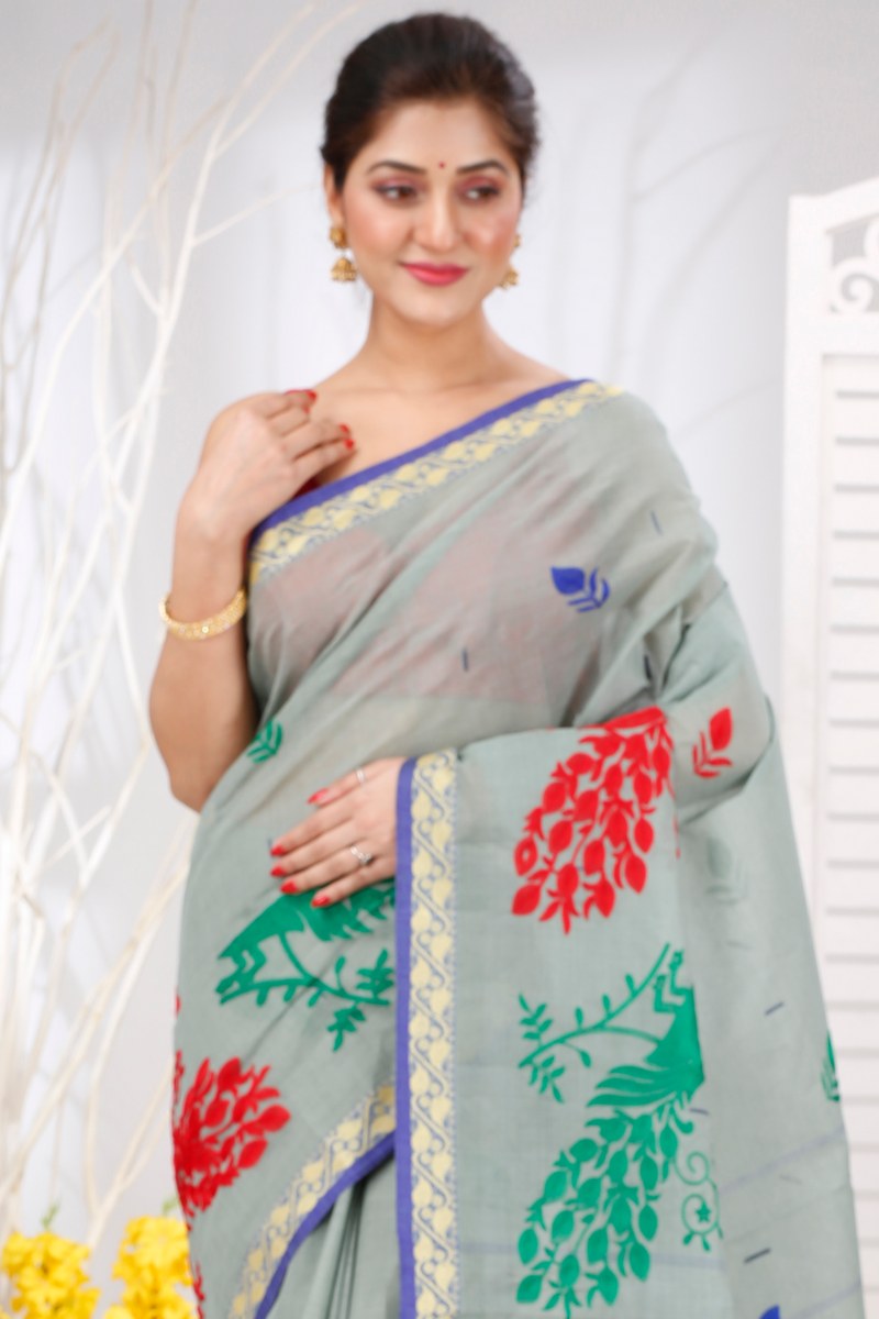 Light Grey Pure Cotton Embi Gaela Moyur Tant Embroidery (1464)