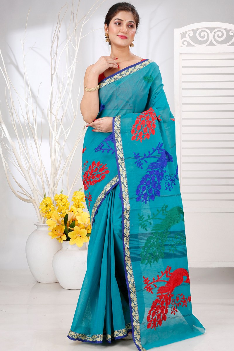 See Blue Pure Cotton Embi Gaela Moyur Tant Embroidery (1465)