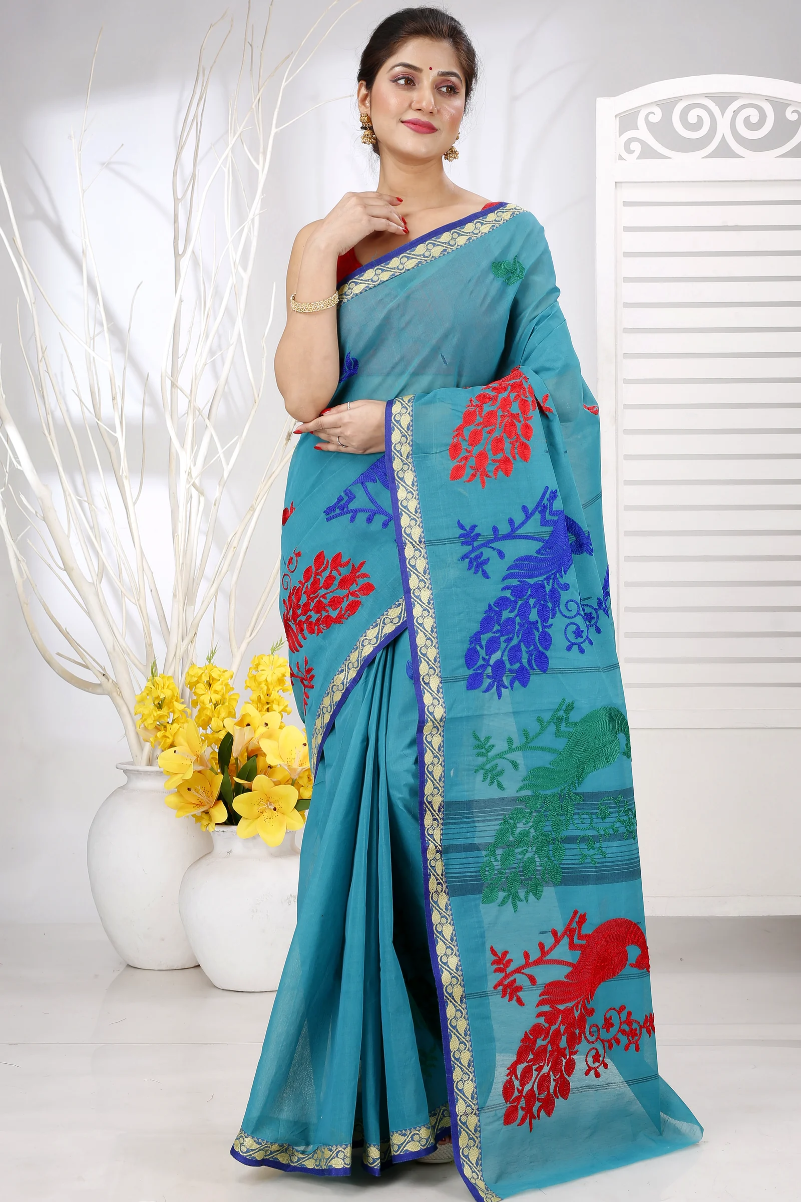 See Blue Pure Cotton Embi Gaela Moyur Tant Embroidery (1465)
