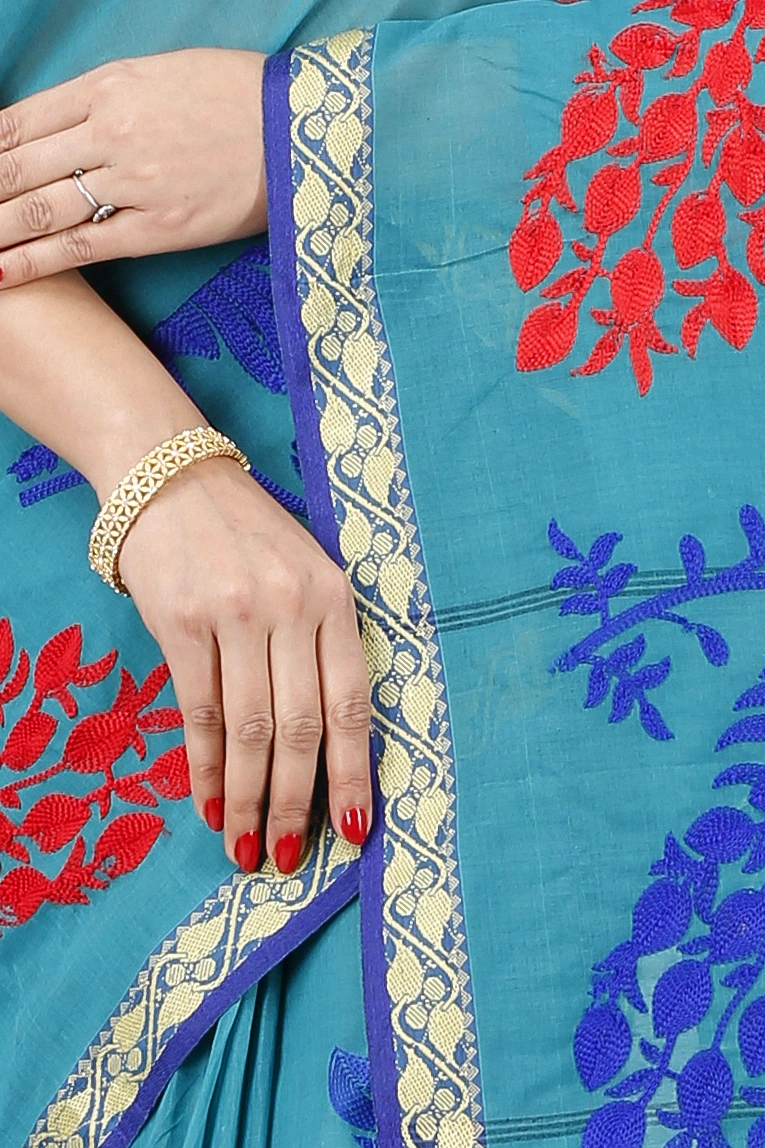 See Blue Pure Cotton Embi Gaela Moyur Tant Embroidery (1465)