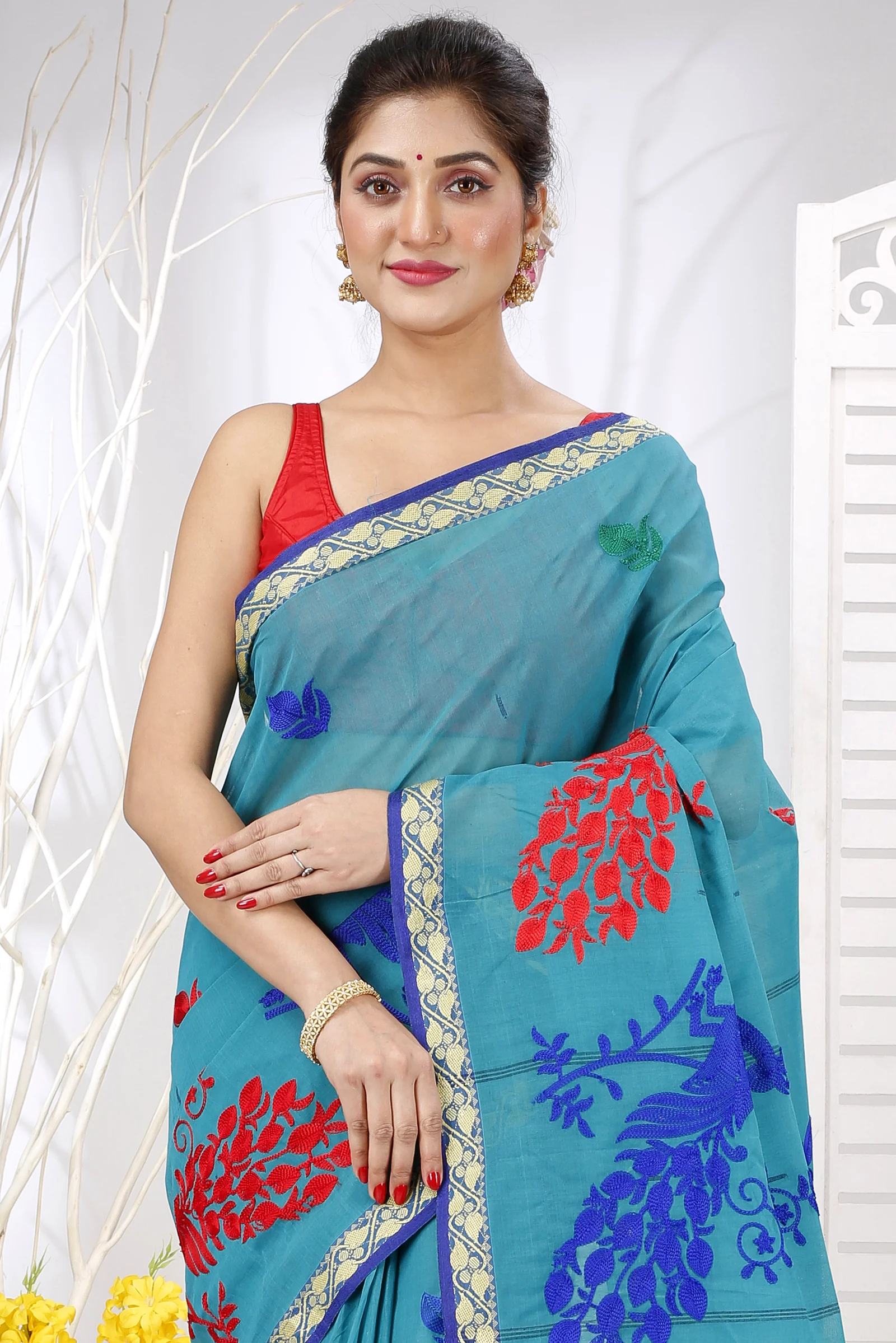 See Blue Pure Cotton Embi Gaela Moyur Tant Embroidery (1465)