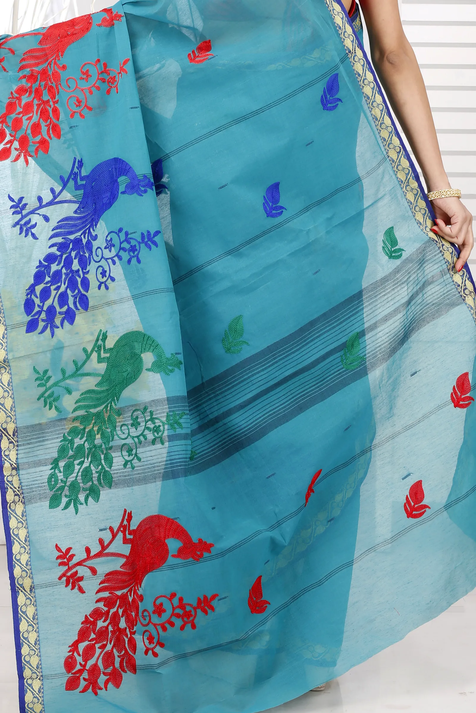 See Blue Pure Cotton Embi Gaela Moyur Tant Embroidery (1465)