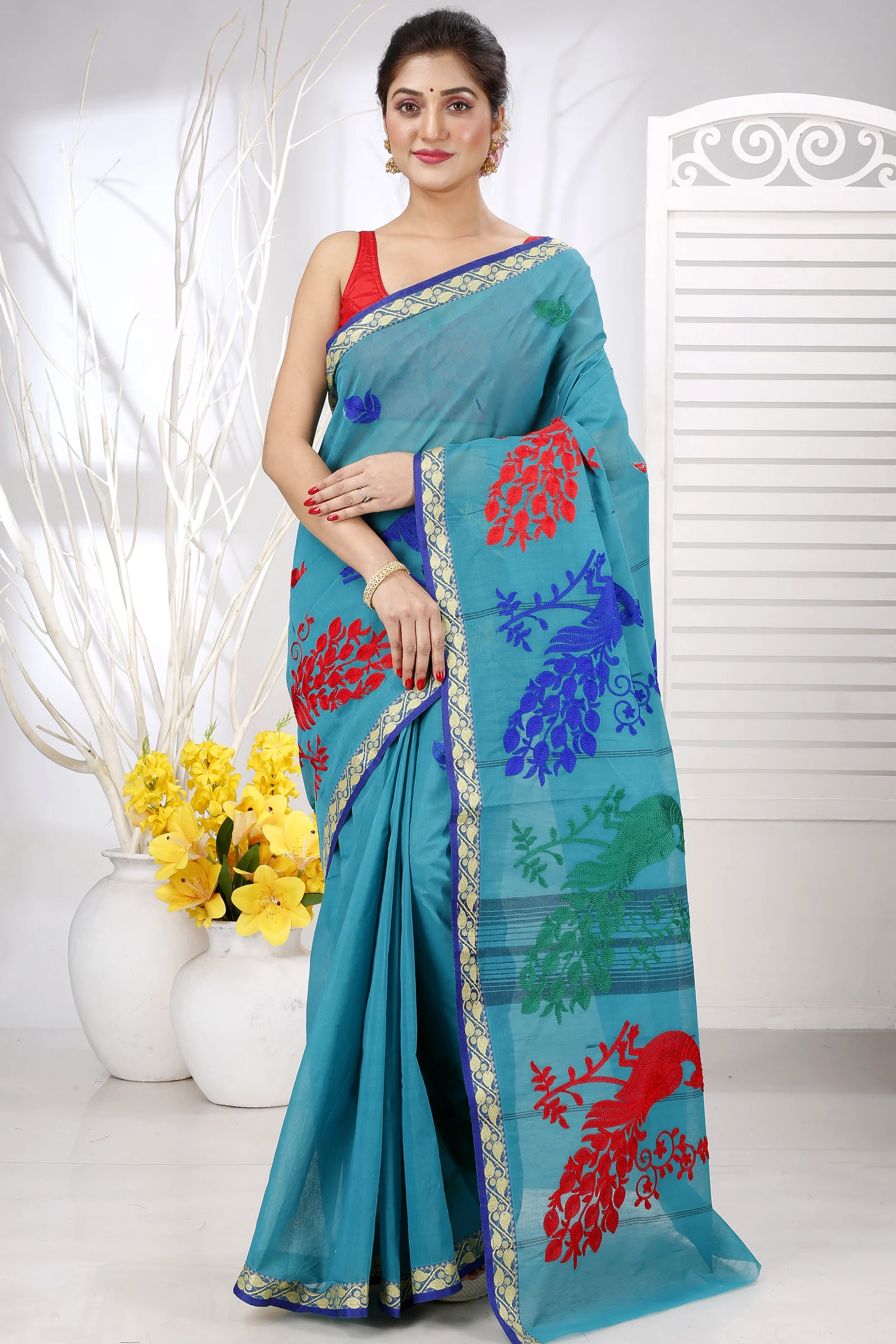 See Blue Pure Cotton Embi Gaela Moyur Tant Embroidery (1465)