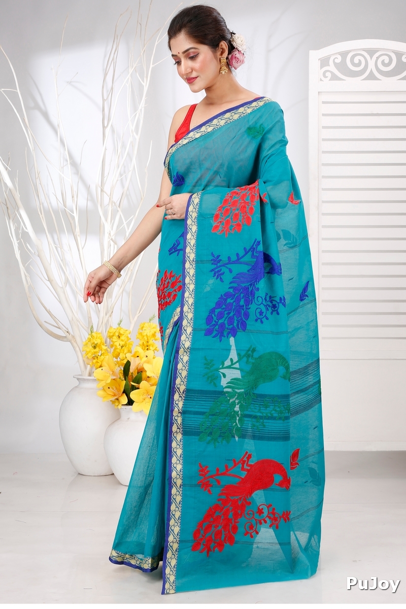 See Blue Pure Cotton Embi Gaela Moyur Tant Embroidery (1465)