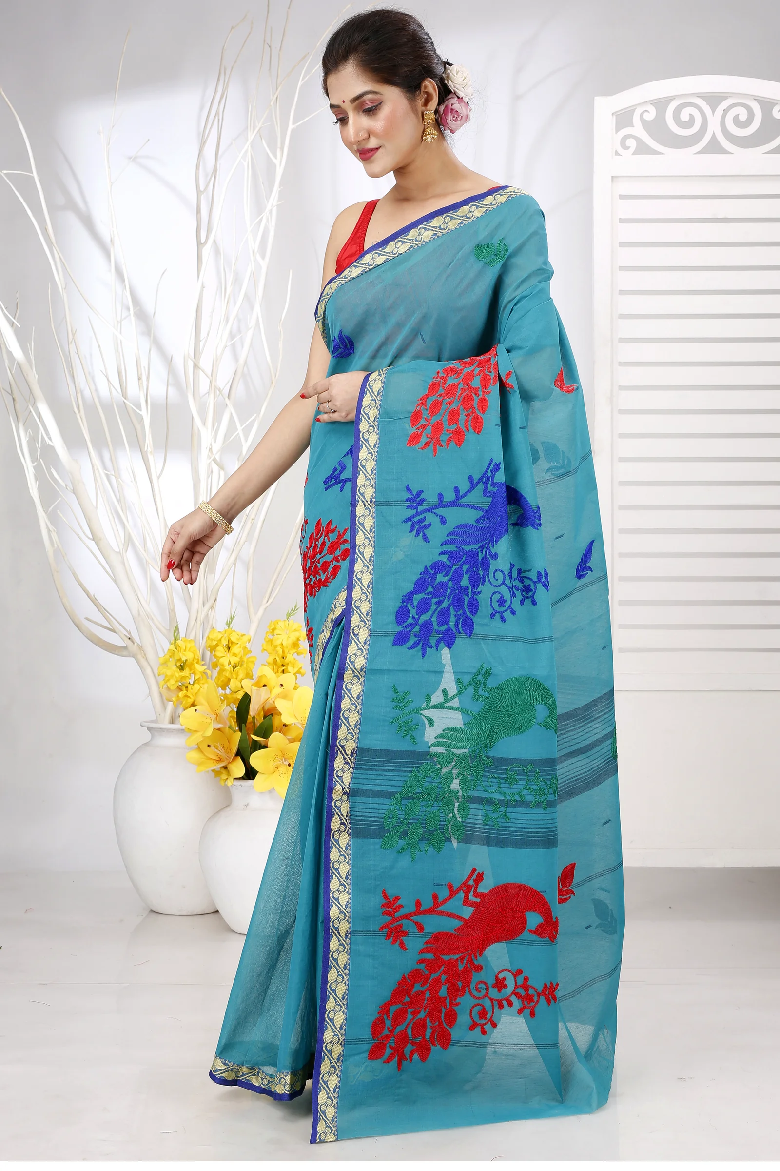 See Blue Pure Cotton Embi Gaela Moyur Tant Embroidery (1465)