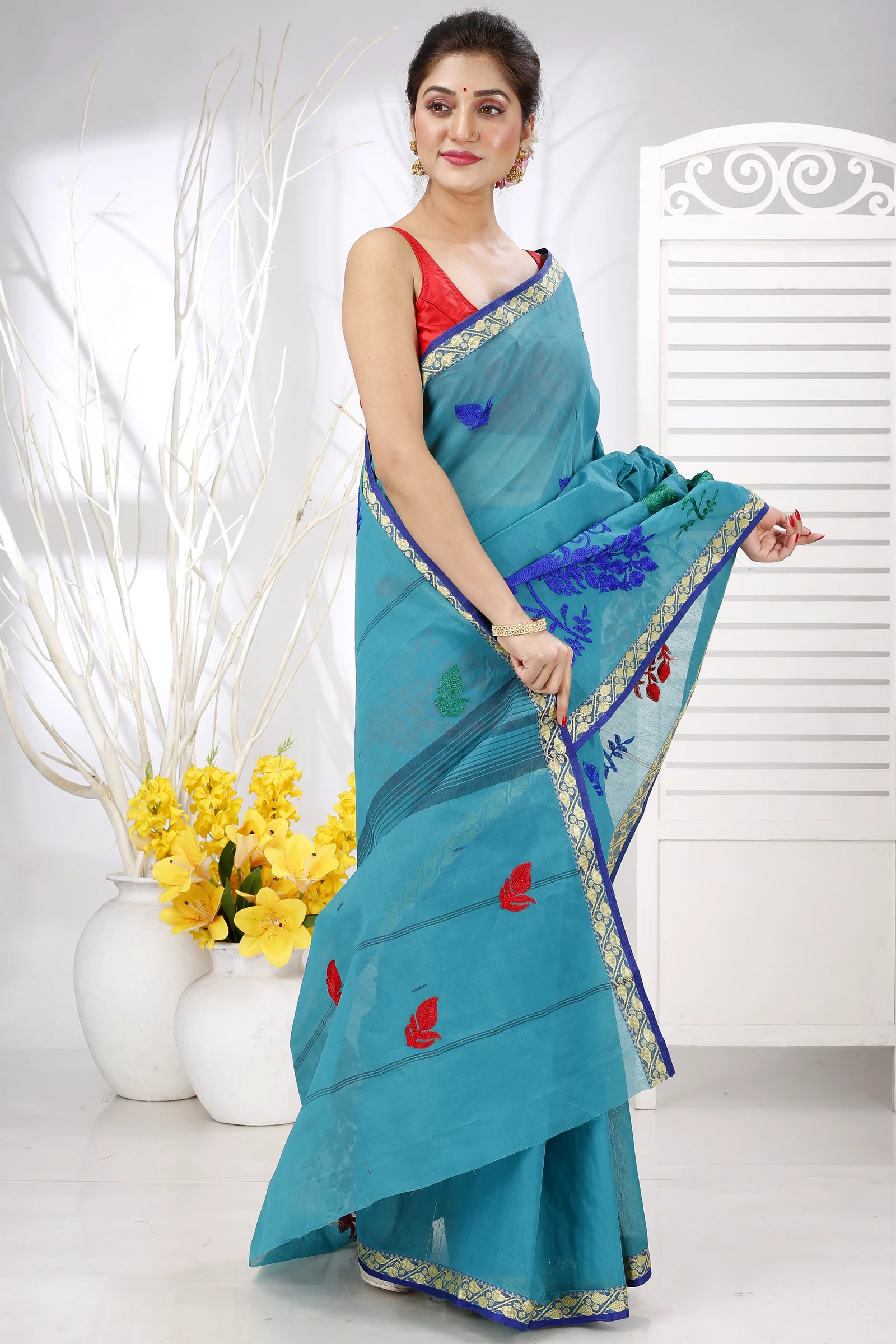 See Blue Pure Cotton Embi Gaela Moyur Tant Embroidery (1465)