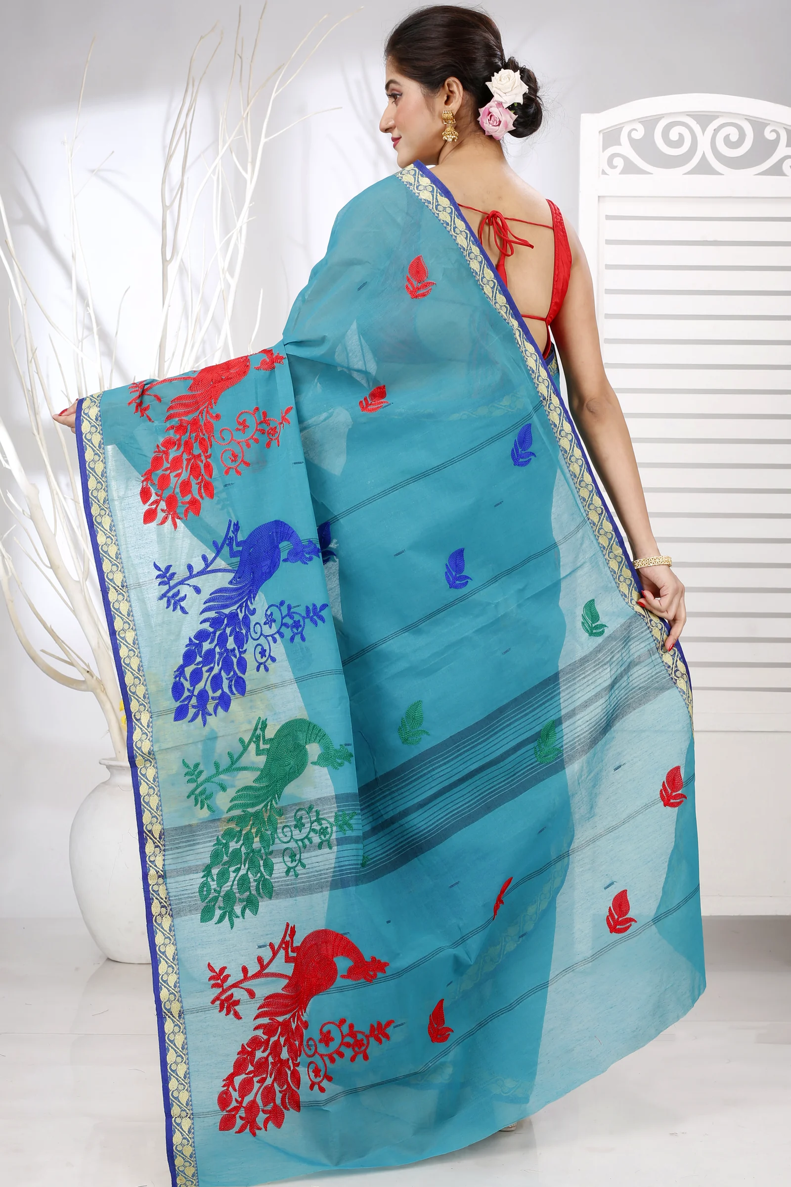 See Blue Pure Cotton Embi Gaela Moyur Tant Embroidery (1465)