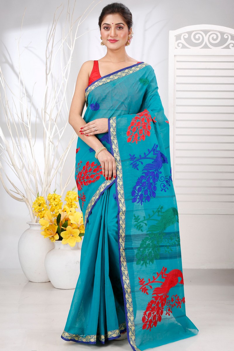See Blue Pure Cotton Embi Gaela Moyur Tant Embroidery (1465)