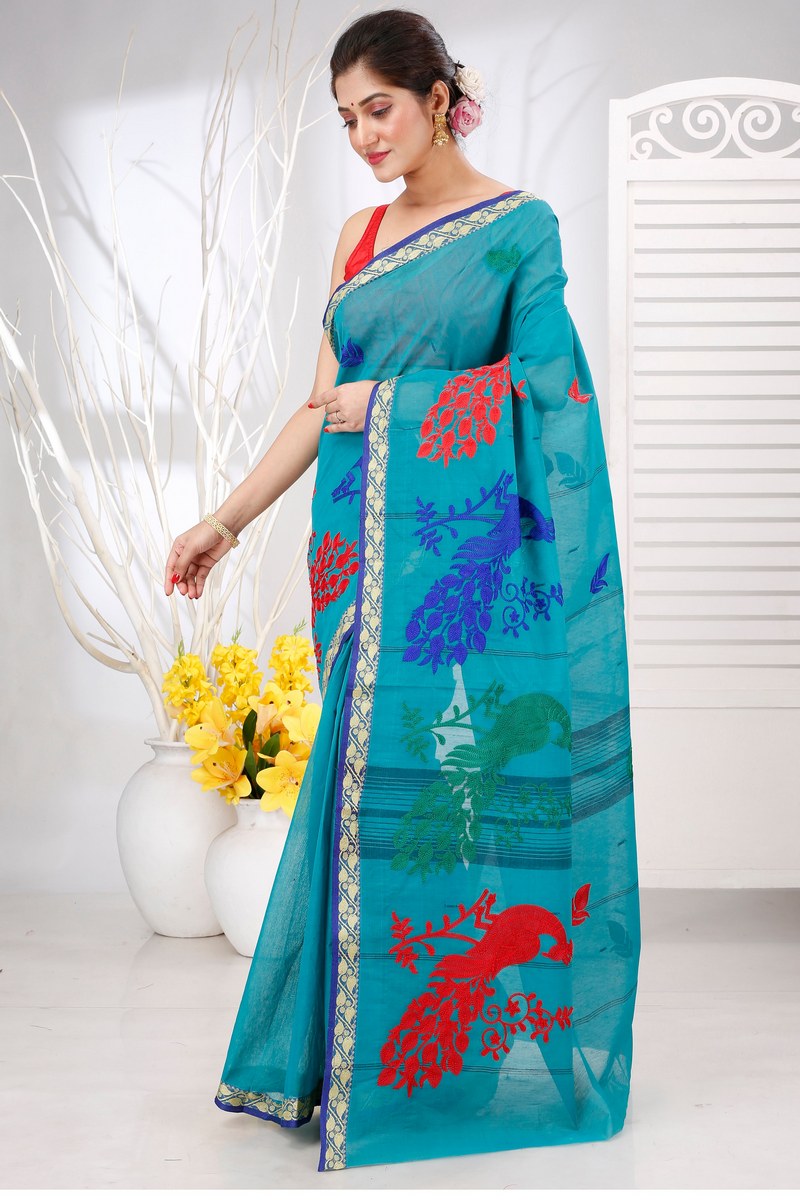See Blue Pure Cotton Embi Gaela Moyur Tant Embroidery (1465)