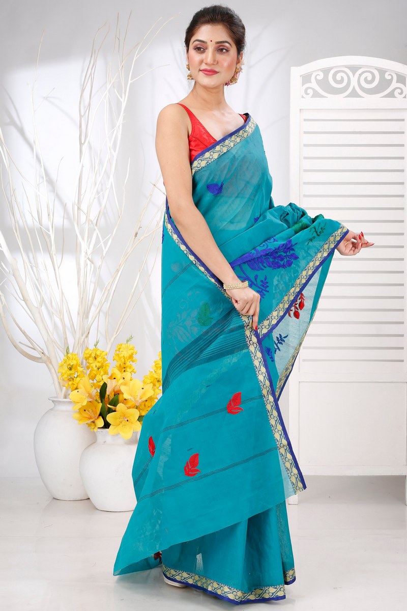 See Blue Pure Cotton Embi Gaela Moyur Tant Embroidery (1465)