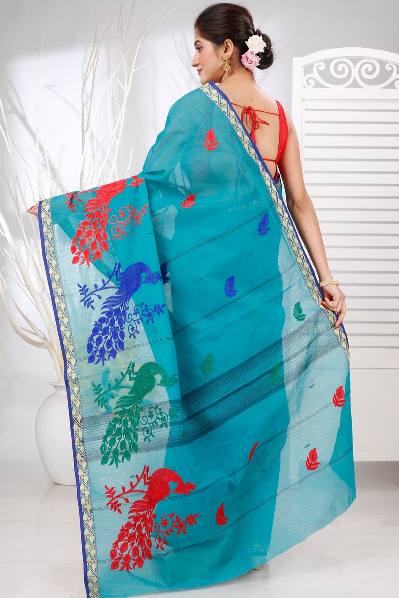 See Blue Pure Cotton Embi Gaela Moyur Tant Embroidery (1465)