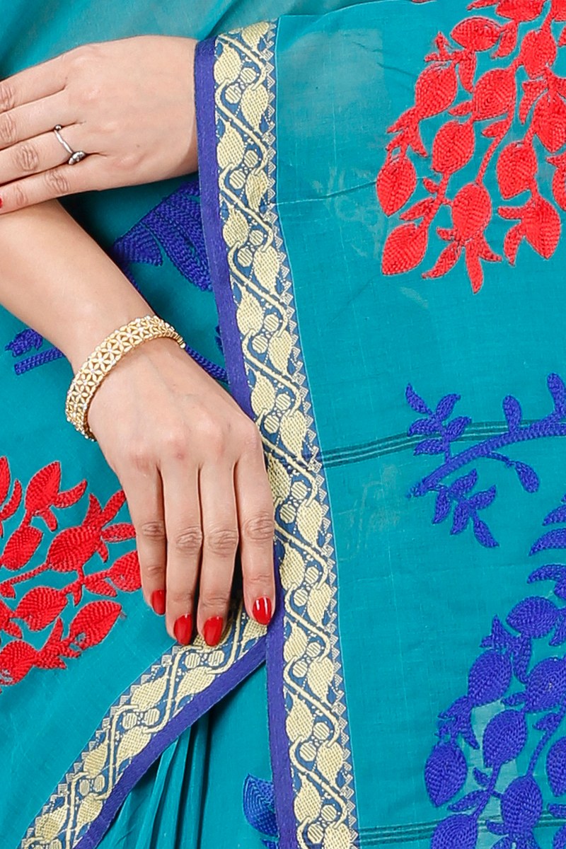 See Blue Pure Cotton Embi Gaela Moyur Tant Embroidery (1465)