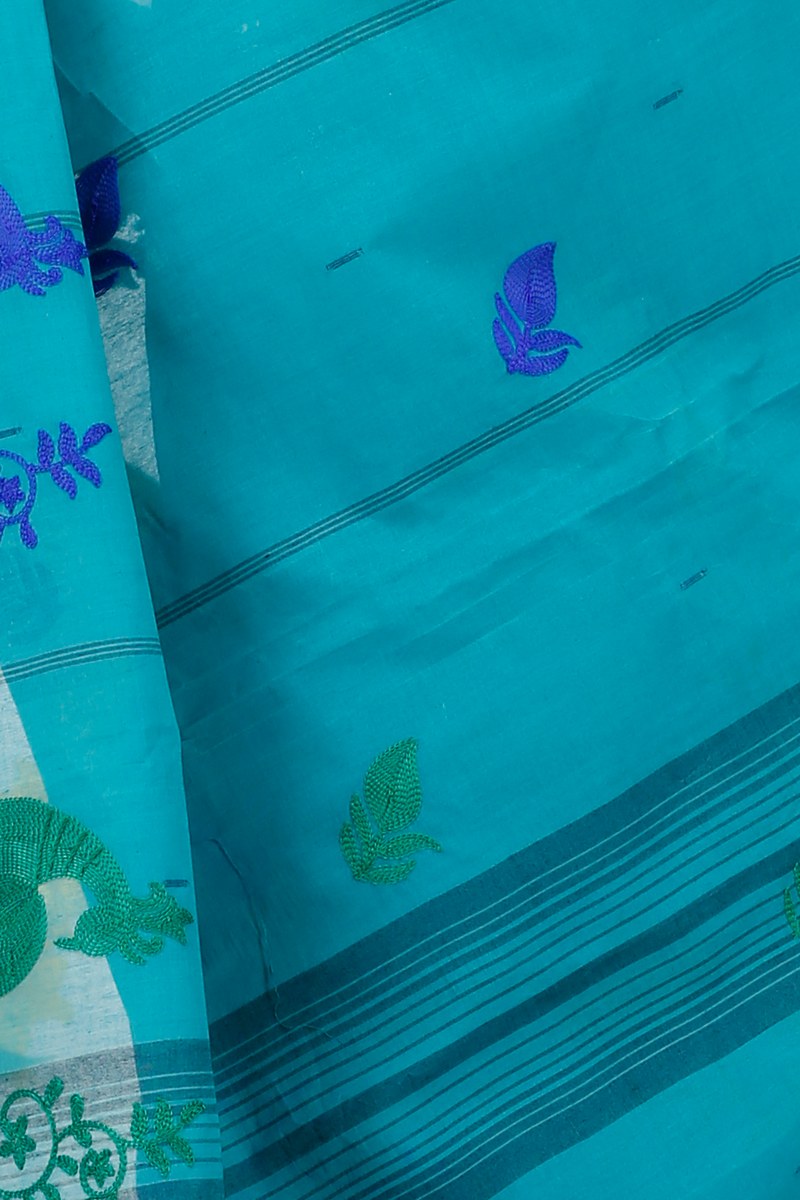 See Blue Pure Cotton Embi Gaela Moyur Tant Embroidery (1465)