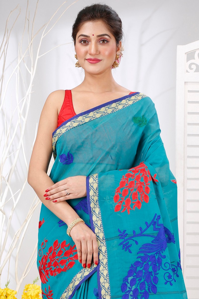 See Blue Pure Cotton Embi Gaela Moyur Tant Embroidery (1465)