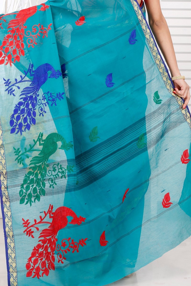 See Blue Pure Cotton Embi Gaela Moyur Tant Embroidery (1465)