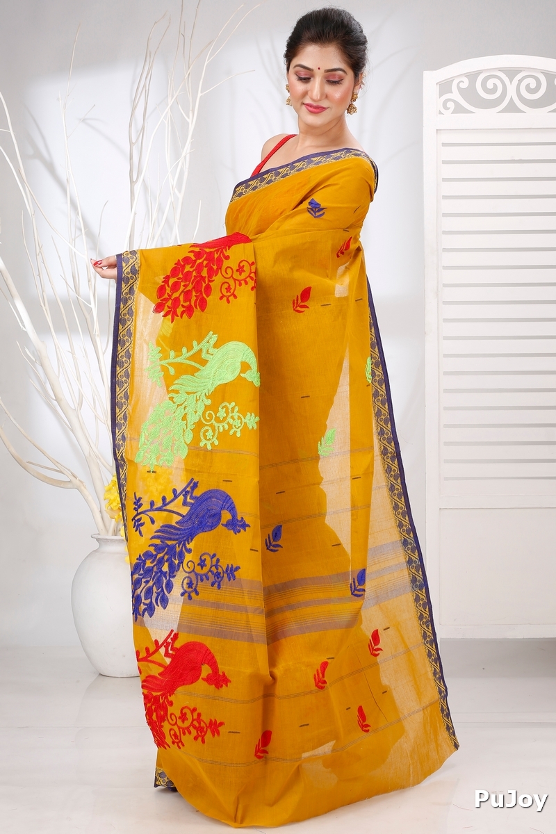 Mustard Yellow Pure Cotton Embi Gaela Moyur Tant Embroidery (1466)