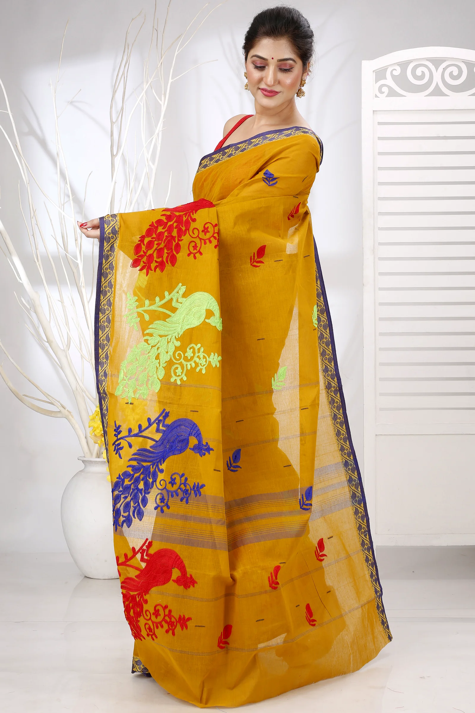 Mustard Yellow Pure Cotton Embi Gaela Moyur Tant Embroidery (1466)