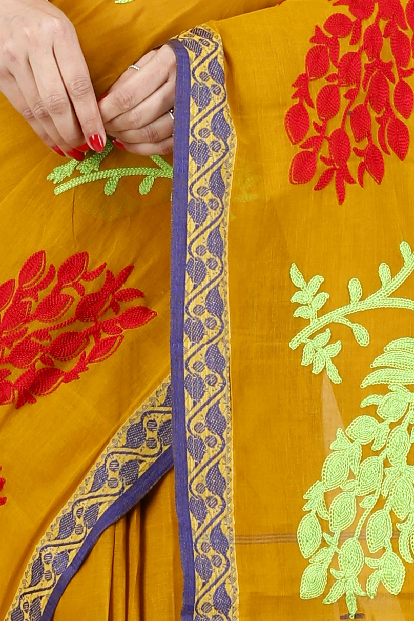 Mustard Yellow Pure Cotton Embi Gaela Moyur Tant Embroidery (1466)