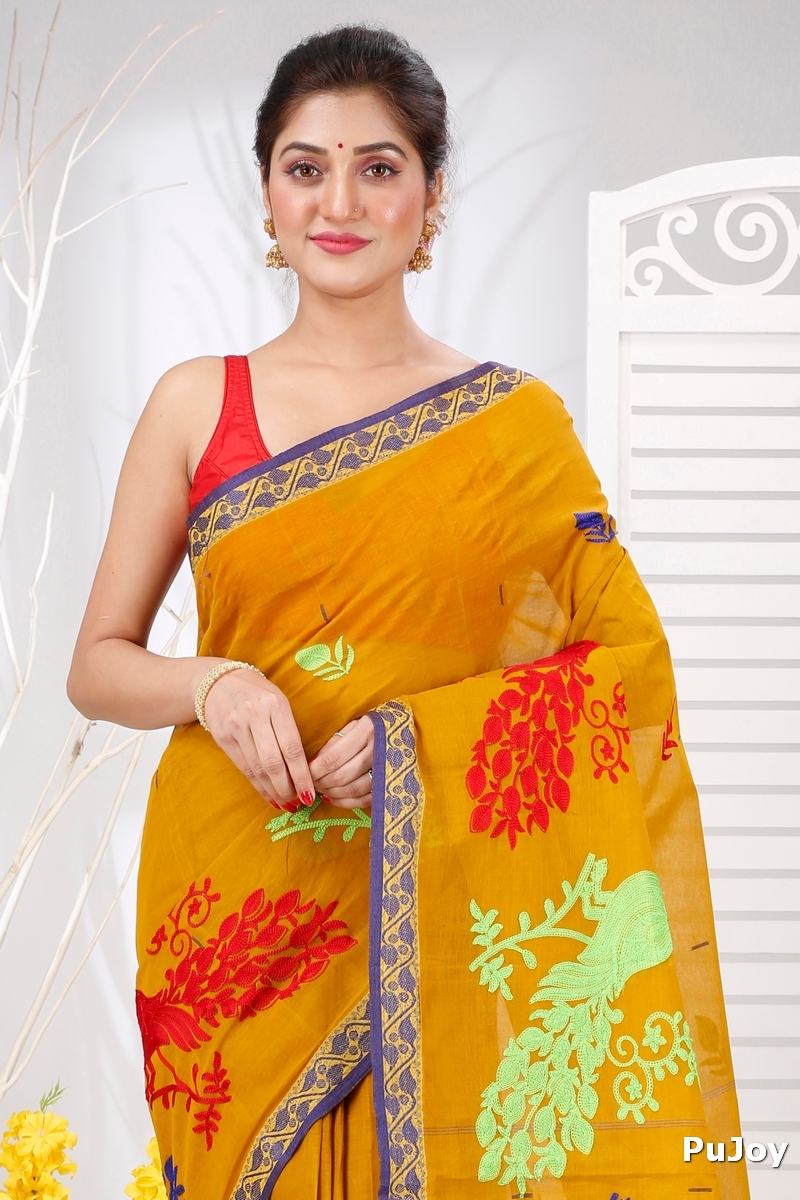 Mustard Yellow Pure Cotton Embi Gaela Moyur Tant Embroidery (1466)