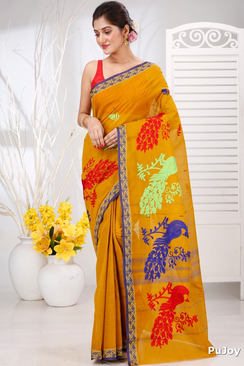 Mustard Yellow Pure Cotton Embi Gaela Moyur Tant Embroidery (1466)