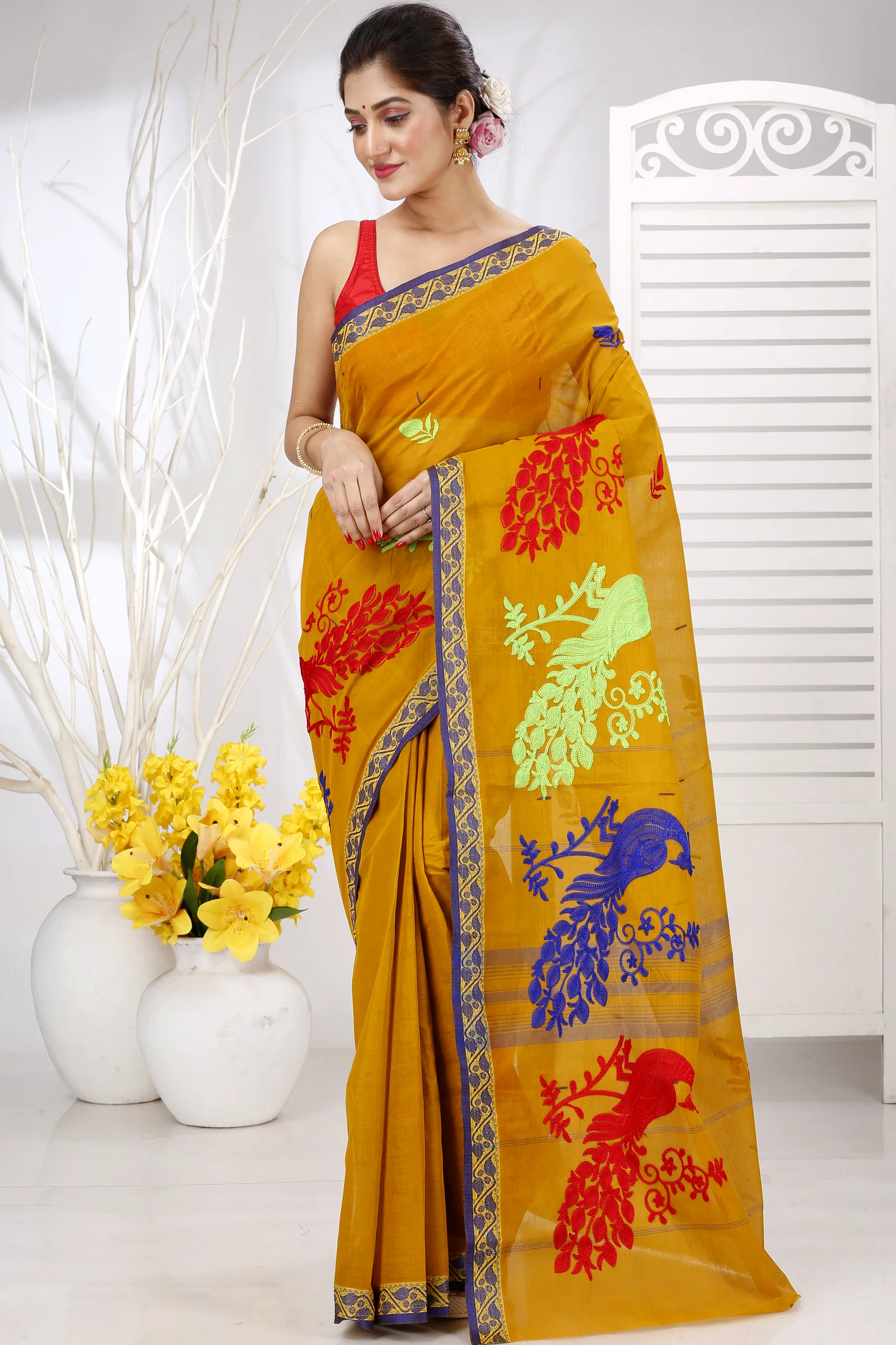 Mustard Yellow Pure Cotton Embi Gaela Moyur Tant Embroidery (1466)