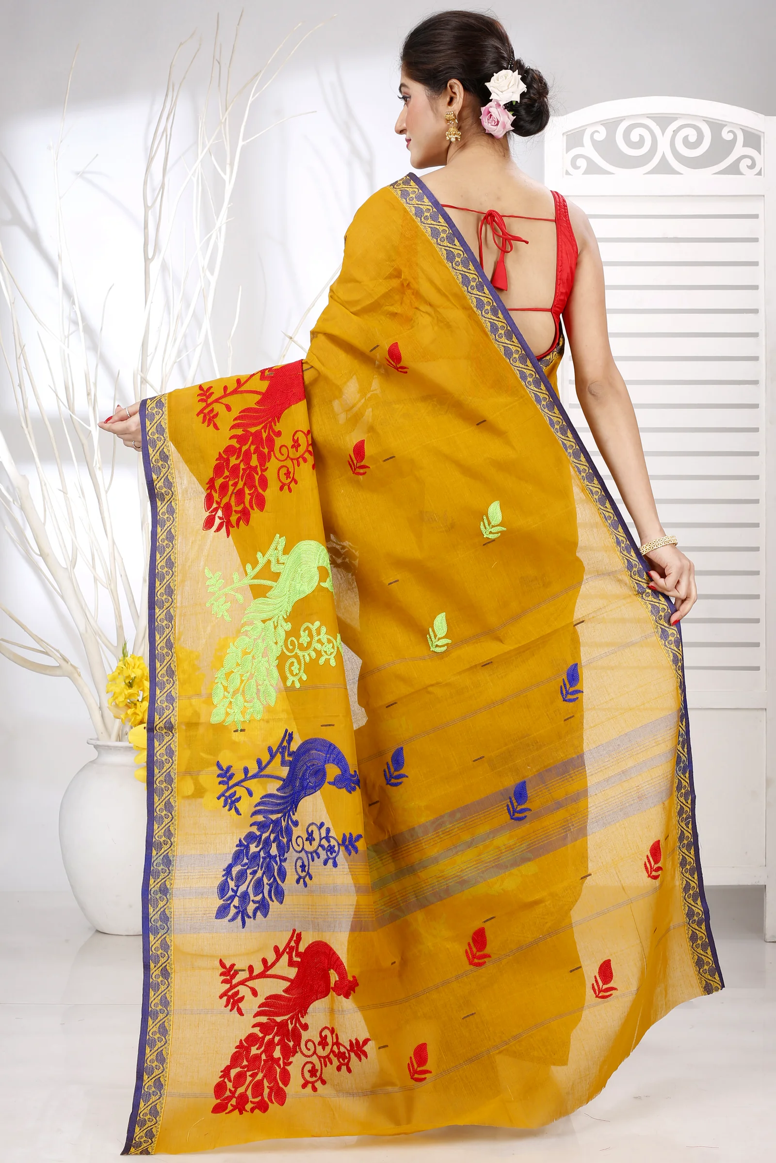 Mustard Yellow Pure Cotton Embi Gaela Moyur Tant Embroidery (1466)