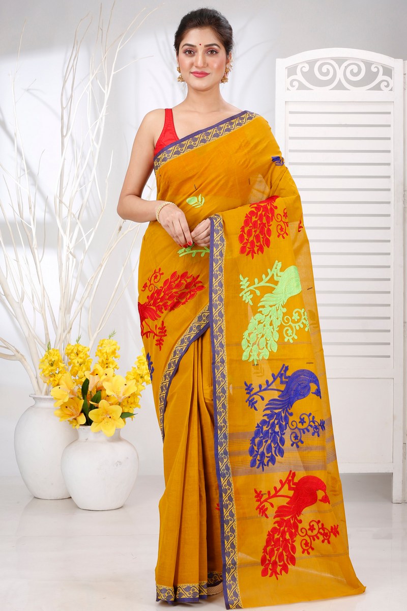 Mustard Yellow Pure Cotton Embi Gaela Moyur Tant Embroidery (1466)