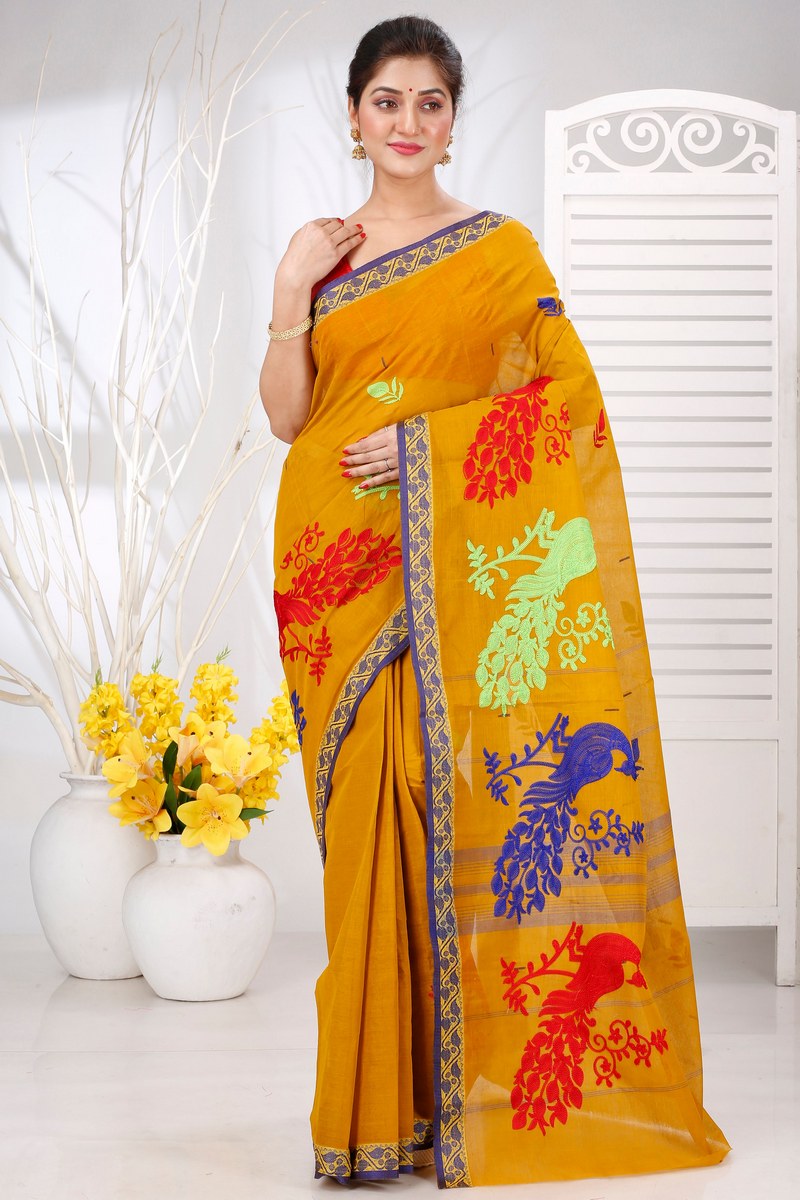 Mustard Yellow Pure Cotton Embi Gaela Moyur Tant Embroidery (1466)