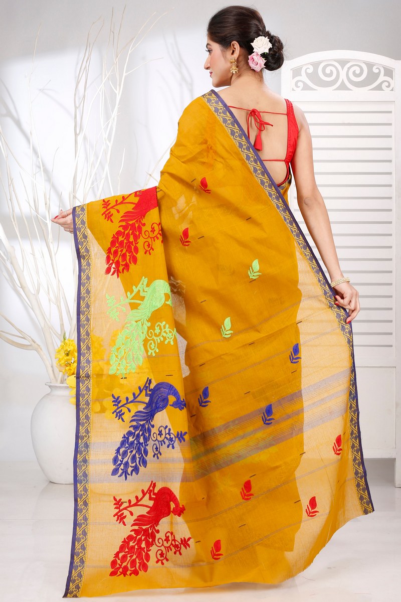 Mustard Yellow Pure Cotton Embi Gaela Moyur Tant Embroidery (1466)