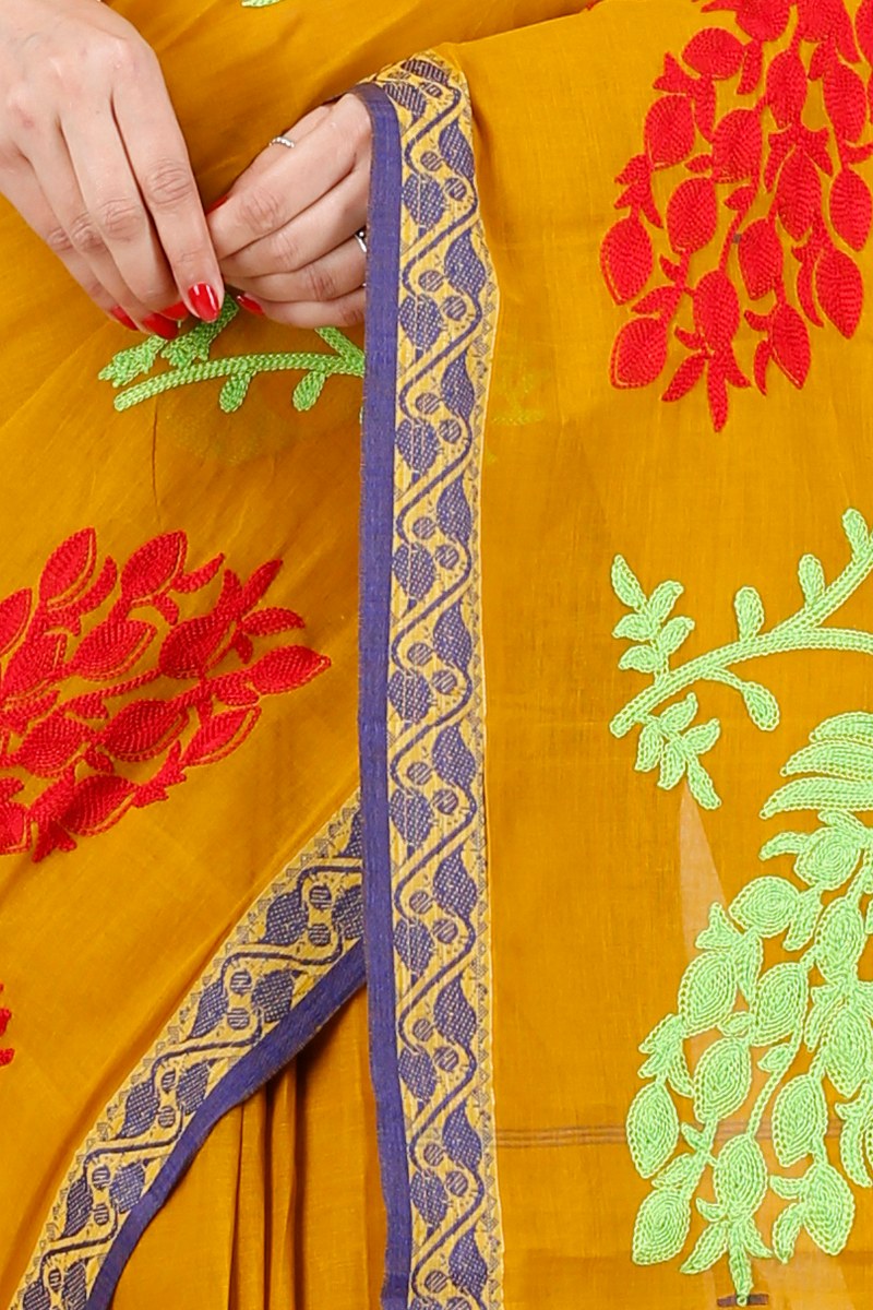 Mustard Yellow Pure Cotton Embi Gaela Moyur Tant Embroidery (1466)